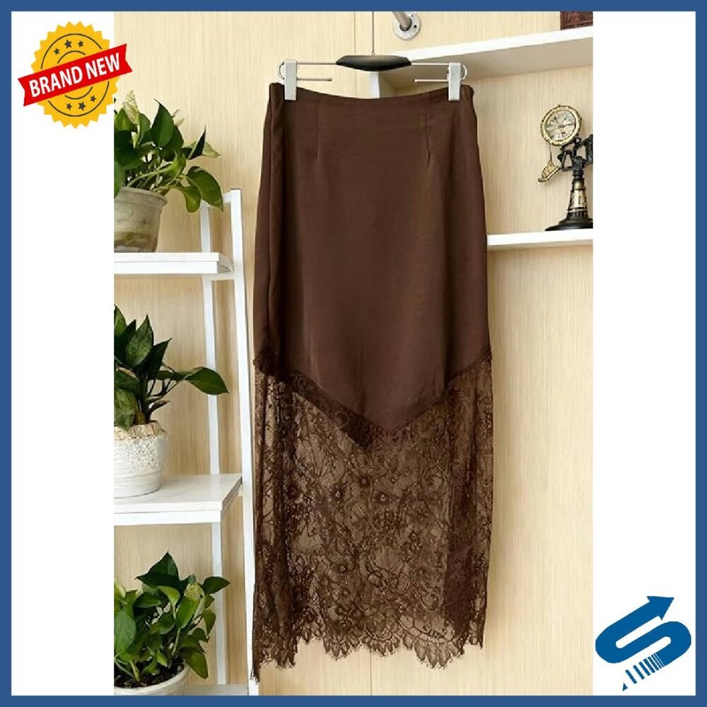 High Waist Satin Maxi Skirt with Lace Patchwork Y2K Style - Picture 5 of 5